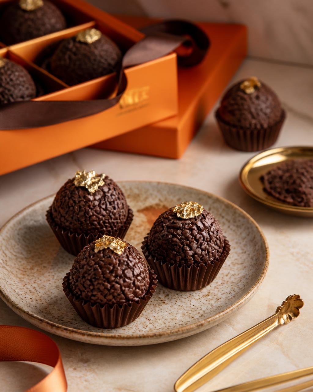 Brigadeiros gourmet decorados com ouro comestível sobre mármore